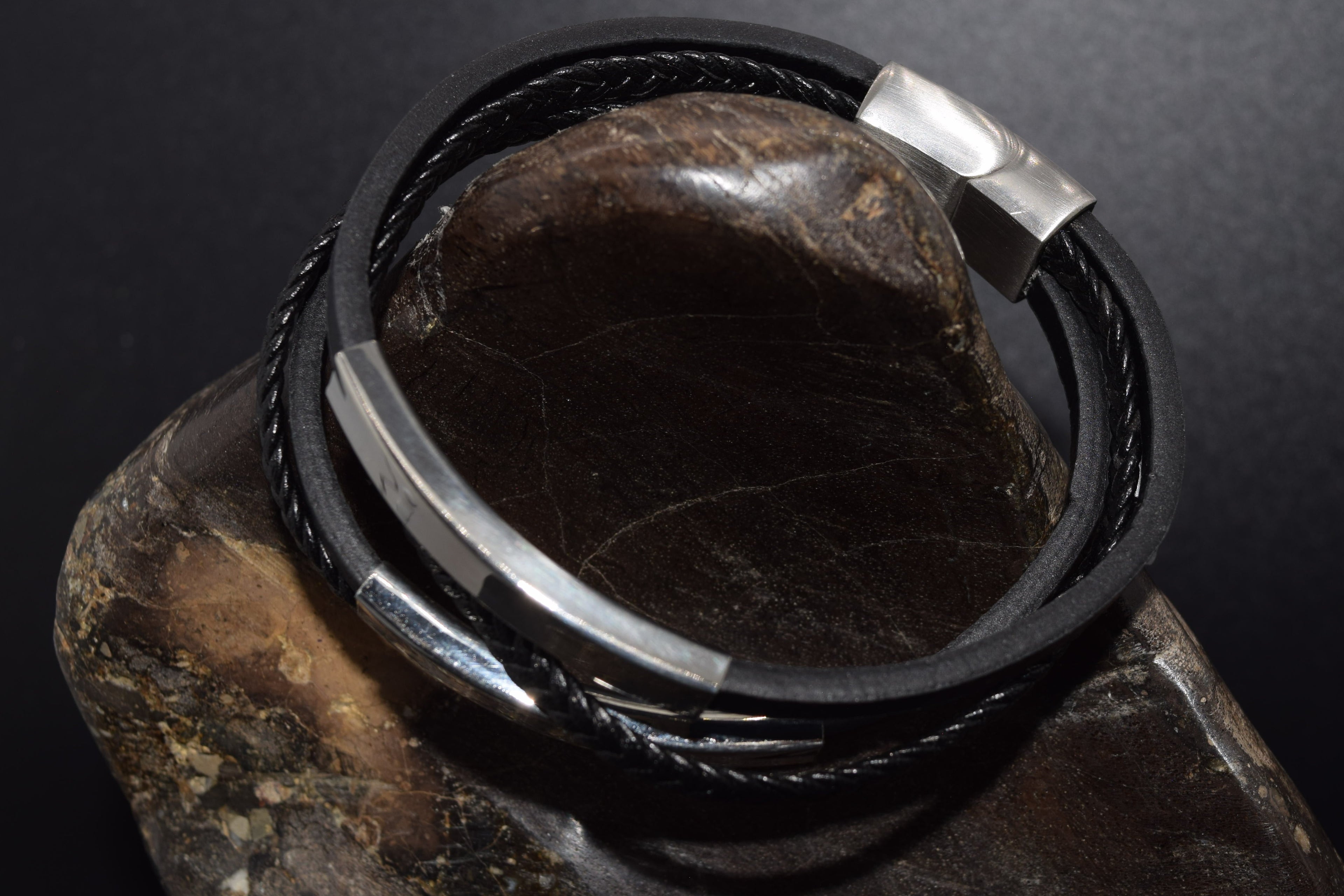 Multi-Strand Black Leather Bracelet with Brushed Stainless Steel Sliding Magnetic Clasp